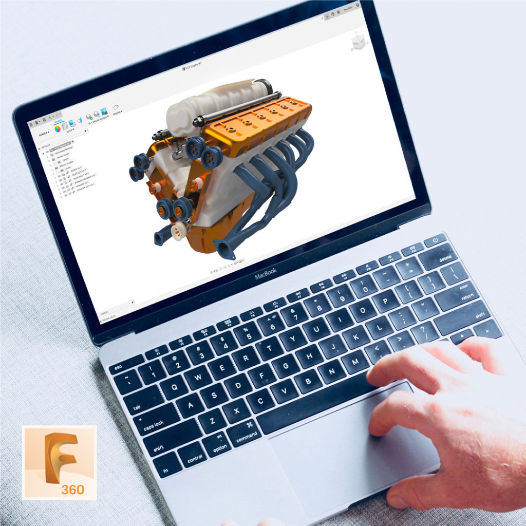 Fusion 360 na obrazovce MacBooku